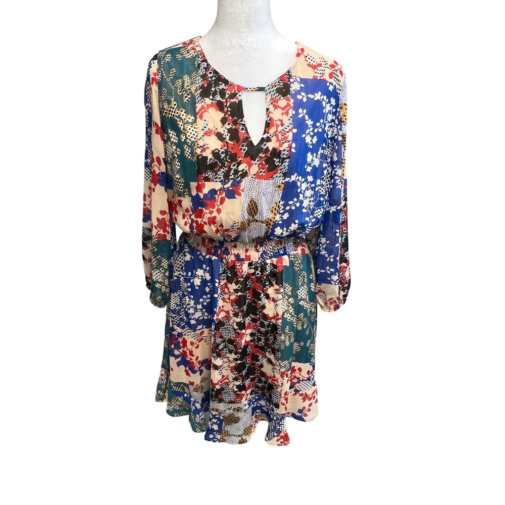 Boho Patchwork Floral Chiffon Mini Dress Sz M Whimsy Cottagecore Fairycore Artsy